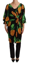 DOLCE & GABBANA BLACK ANANAS PRINT WRAP STRETCH SILK DRESS