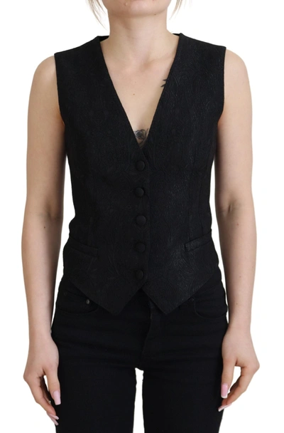 DOLCE & GABBANA BLACK BROCADE BUTTON DOWN SLEEVELESS VEST TOP