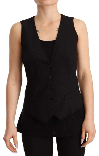 DOLCE & GABBANA BLACK BUTTON DOWN SLEEVELESS VEST WOOL TOP