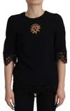 DOLCE & GABBANA BLACK CADY LACE TRIM BEAD EMBELLISHED LOGO BLOUSE