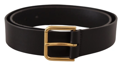 DOLCE & GABBANA BLACK CALF LEATHER GOLD TONE LOGO METAL BUCKLE BELT