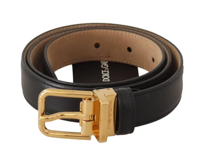DOLCE & GABBANA BLACK CALF LEATHER GOLD METAL LOGO WAIST BUCKLE BELT