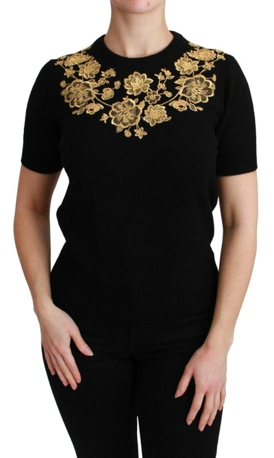 Dolce & Gabbana Black Cashmere Gold Floral Sweater Top