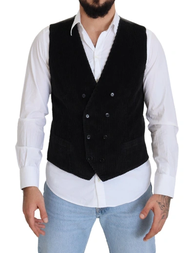 Dolce & Gabbana Black Cotton Double Breasted Waistcoat Vest