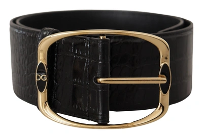DOLCE & GABBANA BLACK CROCODILE PRINT GOLD METAL DG LOGO BUCKLE BELT
