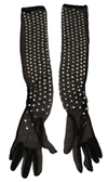 Dolce & Gabbana Black Crystal Elbow Length Cotton Tulle Gloves In Black