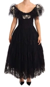 DOLCE & GABBANA BLACK FLORAL LACE CRYSTAL BALL GOWN DRESS