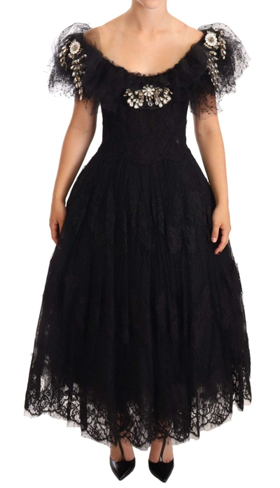 DOLCE & GABBANA BLACK FLORAL LACE CRYSTAL BALL GOWN DRESS