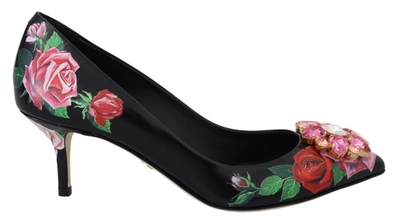 Dolce & Gabbana Black Floral Print Crystal Heels Pumps Shoes