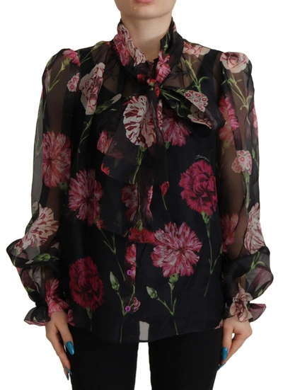Dolce & Gabbana Black Floral Print Silk Top Shirt Blouse
