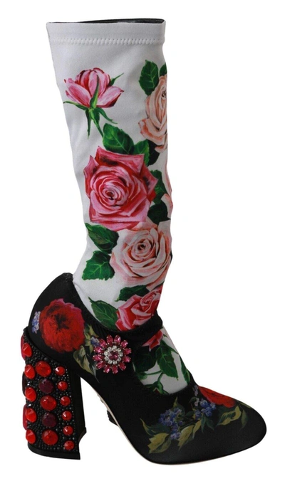 Dolce & Gabbana Black Floral Socks Crystal Jersey Boots In Multicolor