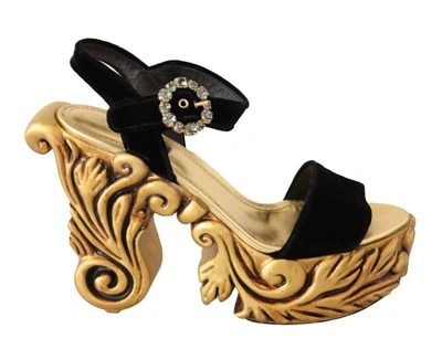 Dolce & Gabbana Black Gold Baroque Velvet Heels Crystal