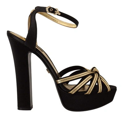 Dolce & Gabbana Black Gold Viscose Ankle Strap Heels Sandals In Gold Black