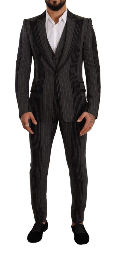 Dolce & Gabbana Black Gray Striped Slim Fit 3 Piece Suit In Black And Gray