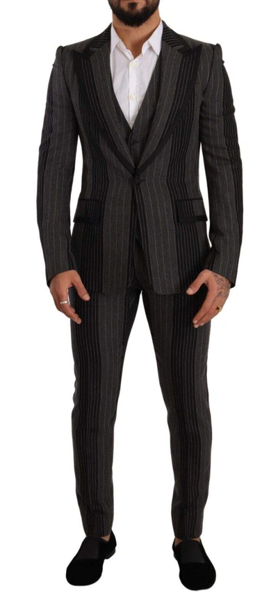 DOLCE & GABBANA BLACK GRAY STRIPED SLIM FIT 3 PIECE SUIT