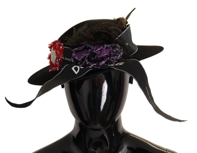 DOLCE & GABBANA BLACK LAPIL CRYSTAL HEART FEATHER BROOCH FEDORA HAT