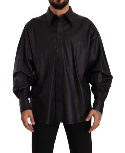 Dolce & Gabbana Black Leather Button Down Men Collared Jacket