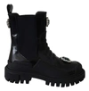 DOLCE & GABBANA BLACK LEATHER CRYSTAL COMBAT BOOTS