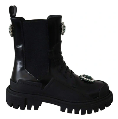 Dolce & Gabbana Black Leather Crystal Combat Boots