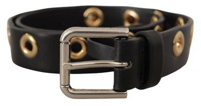 Dolce & Gabbana Black Leather Eyelet Silver Tone Metal Buckle Belt