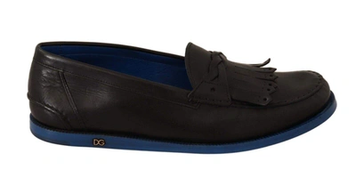 Dolce & Gabbana Black Leather Tassel Slip On Loafers Shoes In Black And Blue