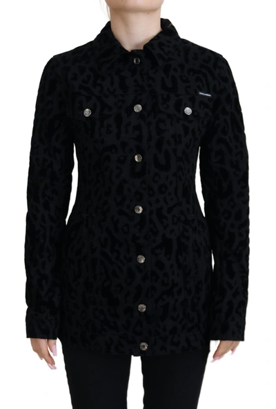 Dolce & Gabbana Black Leopard Long Sleeve Denim Cotton Jacket