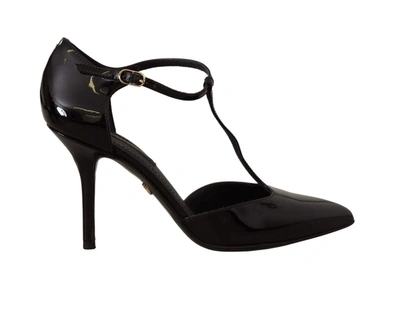 Dolce & Gabbana Black Patent Leather T-strap Heels Sandals