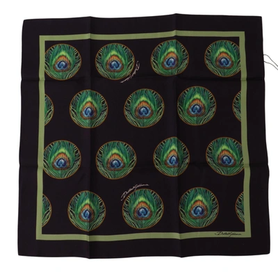 Dolce & Gabbana Black Peacock Feather Dg Printed Square Handkerchief Scarf