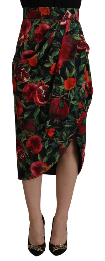 Dolce & Gabbana Black Red Fruit Stretch Wrap Skirt In Black And Red