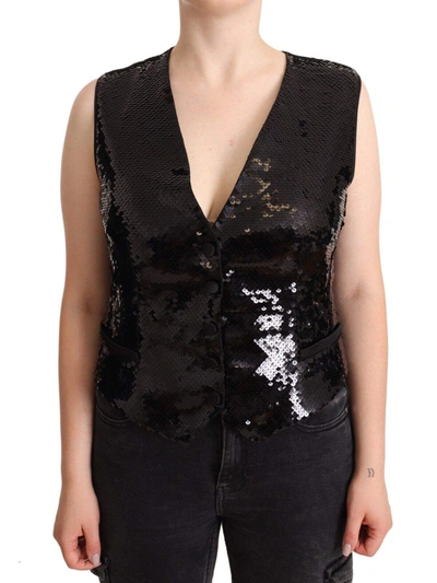 Dolce & Gabbana Black Sequin V-neck Sleeveless Waistcoat Tank Top