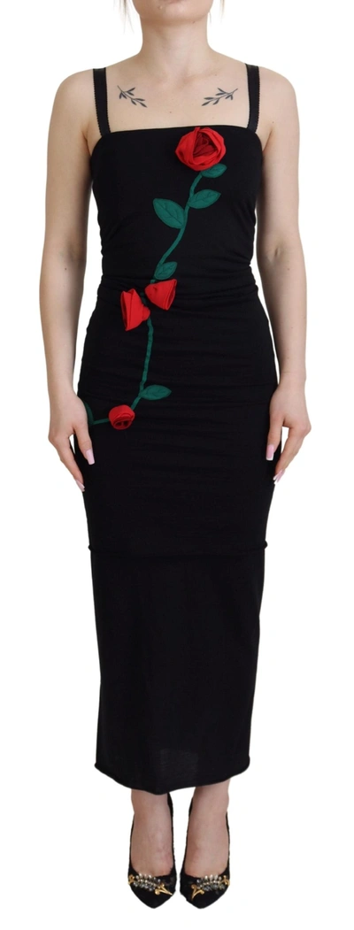 DOLCE & GABBANA BLACK SHEATH BODYCON STRETCH ROSES DRESS