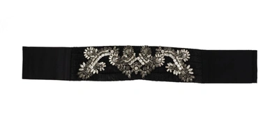 DOLCE & GABBANA BLACK SILK BRASS CRYSTAL EMBELLISHED WAIST BELT