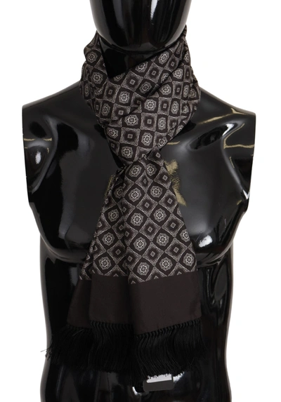 Dolce & Gabbana Black Silk Geometric Logo Print Shawl Fringe Scarf
