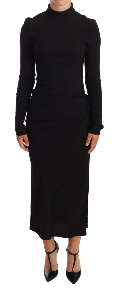 Dolce & Gabbana Black Stretch Turtleneck Sheath Midi Dress