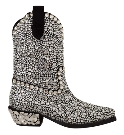 Dolce & Gabbana Black Suede Strass Crystal Cowgirl Boots