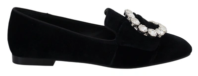 DOLCE & GABBANA BLACK VELVET CRYSTALS LOAFERS FLATS SHOES