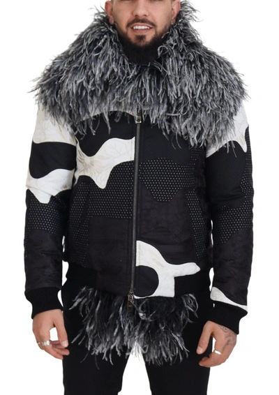 Dolce & Gabbana Black White Fur Shearling Full Zip Jacket In Black And White