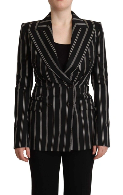 Dolce & Gabbana Black White Stripes Wool Long Sleeves Jacket In Black,white