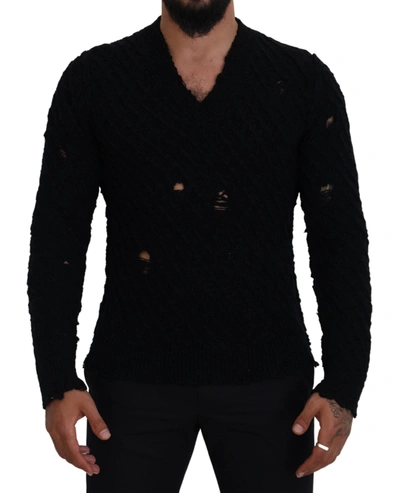 Dolce & Gabbana Black Wool V-neck Knitted Pullover Jumper