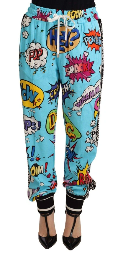 Dolce & Gabbana Blue Cartoon Print Jogger Viscose Stretch Trousers