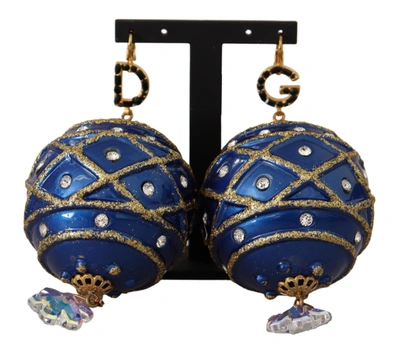 Dolce & Gabbana Blue Christmas Ball Crystal Hook Gold Brass Earrings