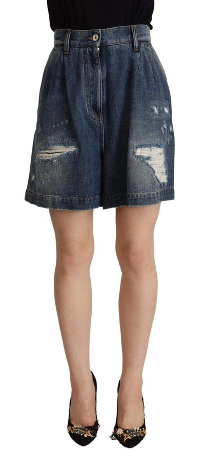 Dolce & Gabbana Blue Distressed Cotton High Waist Bermuda Shorts