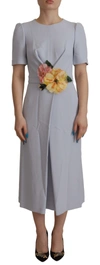 Dolce & Gabbana Blue Floral Applique Midi Viscose Dress In Blue