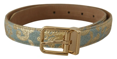 Dolce & Gabbana Blue Leather Jacquard Embossed Gold Metal Buckle Belt In Light Blue