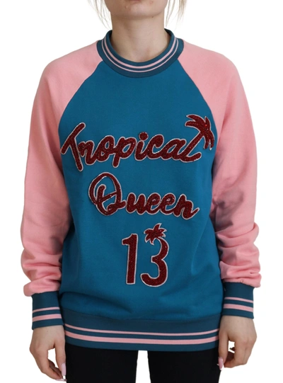 DOLCE & GABBANA BLUE PINK QUEEN SEQUIN CRYSTAL SWEATER