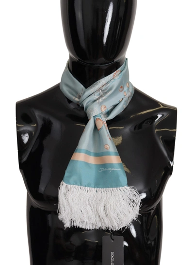 Dolce & Gabbana Blue Silk Shiny Shell-print Neck Wrap Fringed Scarf