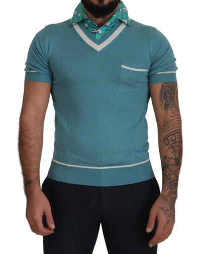 Dolce & Gabbana Blue Silk Polo Top Mens V-neck  T-shirt