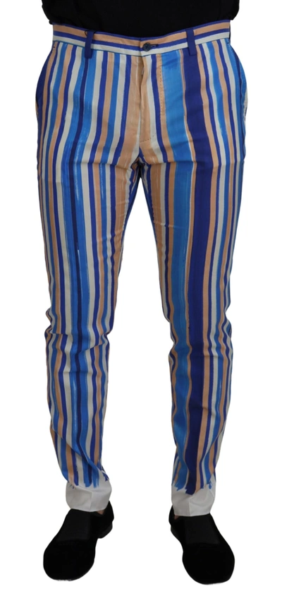Dolce & Gabbana Blue Striped Silk Cotton Slim Trousers Trousers