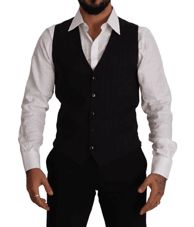 Dolce & Gabbana Blue Striped Wool Stretch Waistcoat Waistcoat