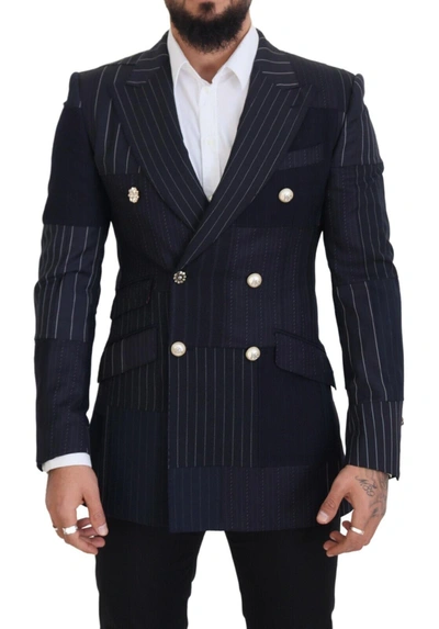 DOLCE & GABBANA BLUE WOOL PATCHWORK DOUBLE BREASTED BLAZER